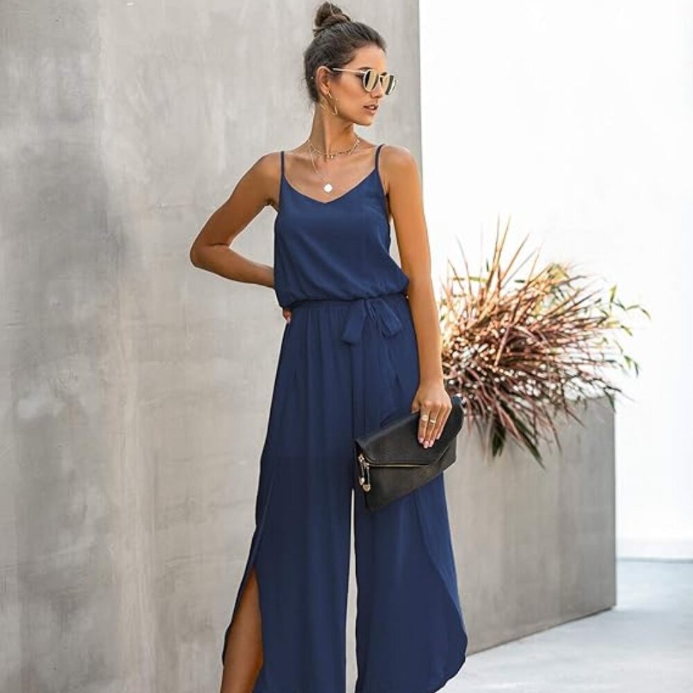 Womens Navy Jumpsuit Spaghetti Strap Wide Leg (ECOWISH)